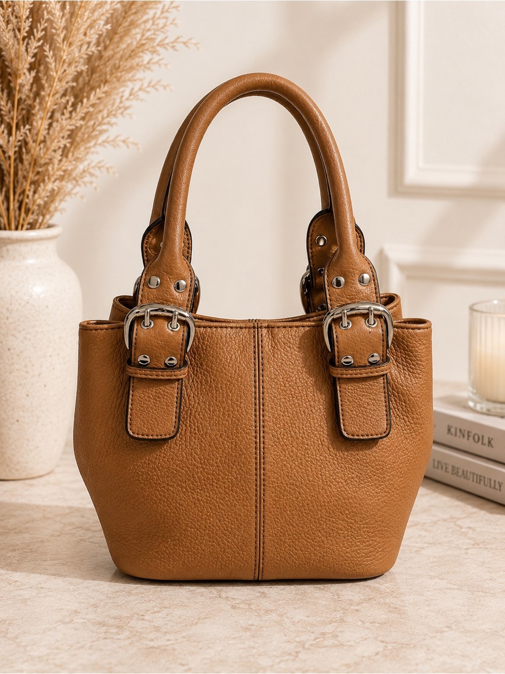Tignanello Tan Pebble Leather Shoulder Bag Structured Satchel Classic Y2K